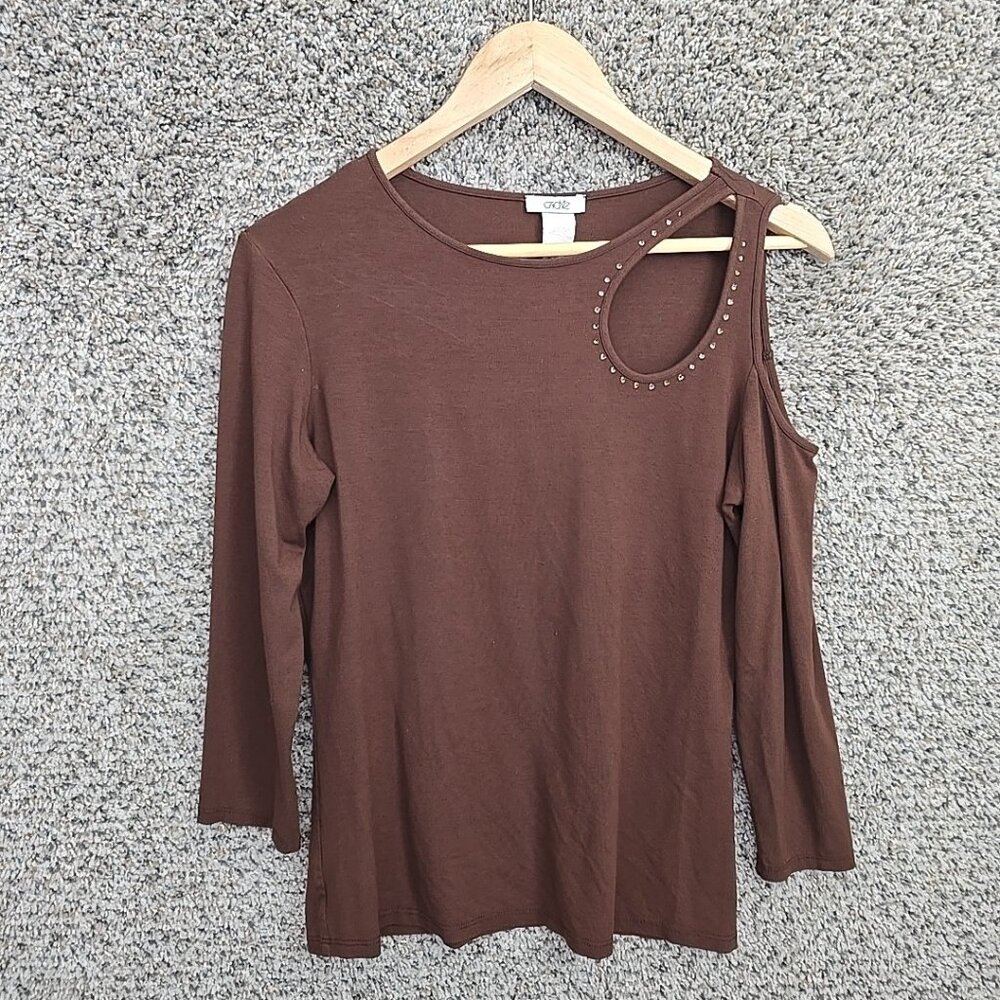 Cache Top Womens Large Brown Cut Out Cold Shoulder‎ Tee Casual Ladies 3/4 Sleeve